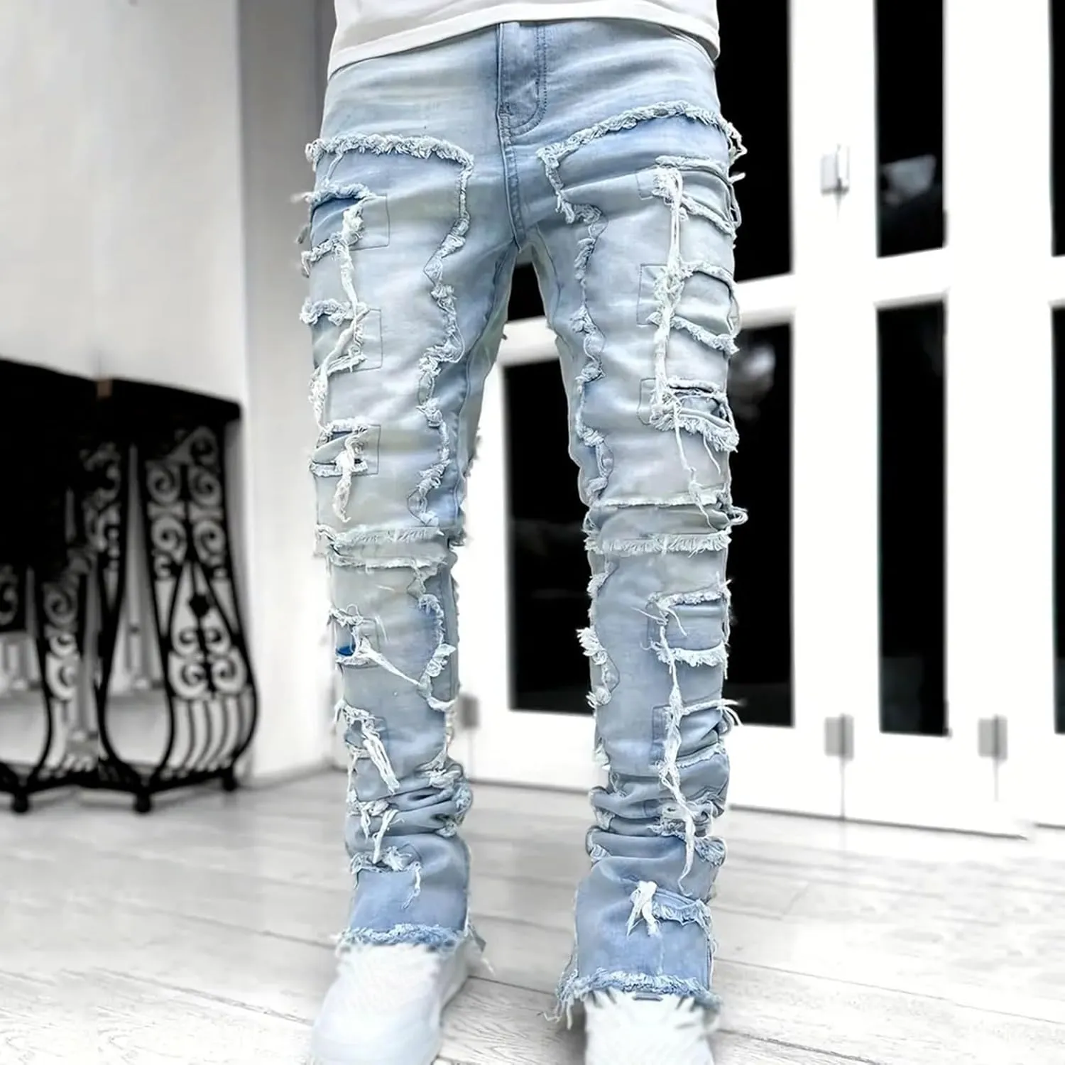 Mens Jeans Slim Fit Stretch Men 's Ripped Stacked Jeans Distressed Destroyed Skinny Demin Pants Slim Fit Trousers