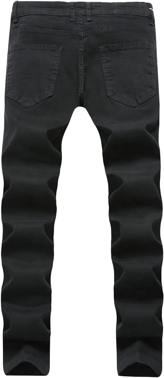 Mens Jeans Solid Regular Fit Mid Rise Straight Leg Elastic Waist Casual Trousers Work Denim Pants
