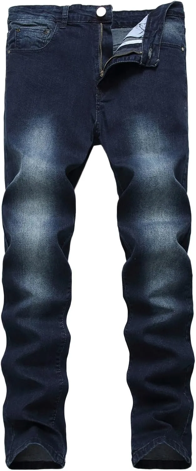 Mens Jeans Solid Regular Fit Mid Rise Straight Leg Elastic Waist Casual Trousers Work Denim Pants