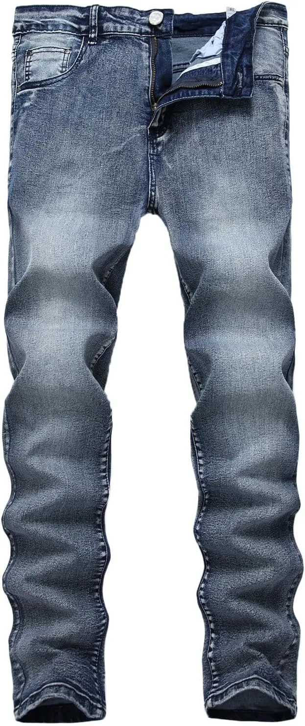 Mens Jeans Solid Regular Fit Mid Rise Straight Leg Elastic Waist Casual Trousers Work Denim Pants