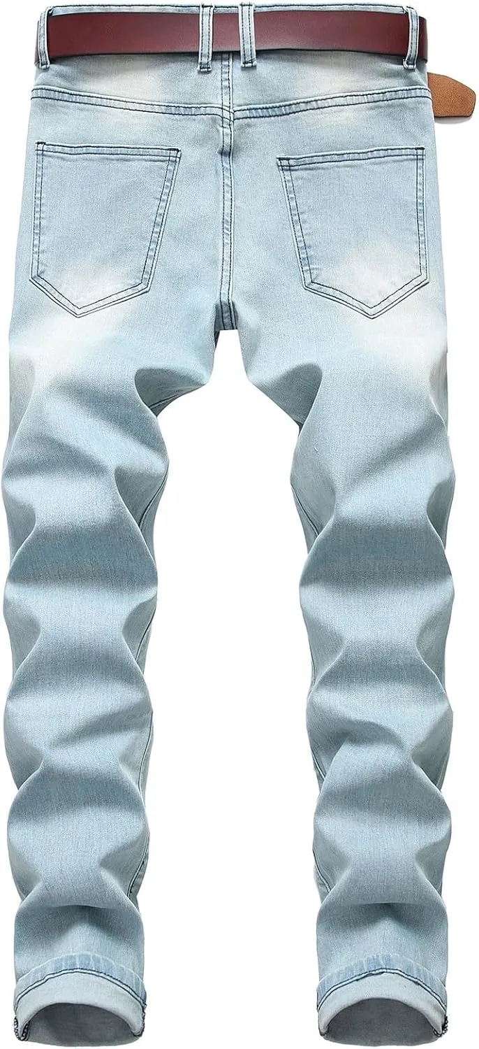 Mens Jeans Solid Regular Fit Mid Rise Straight Leg Elastic Waist Casual Trousers Work Denim Pants