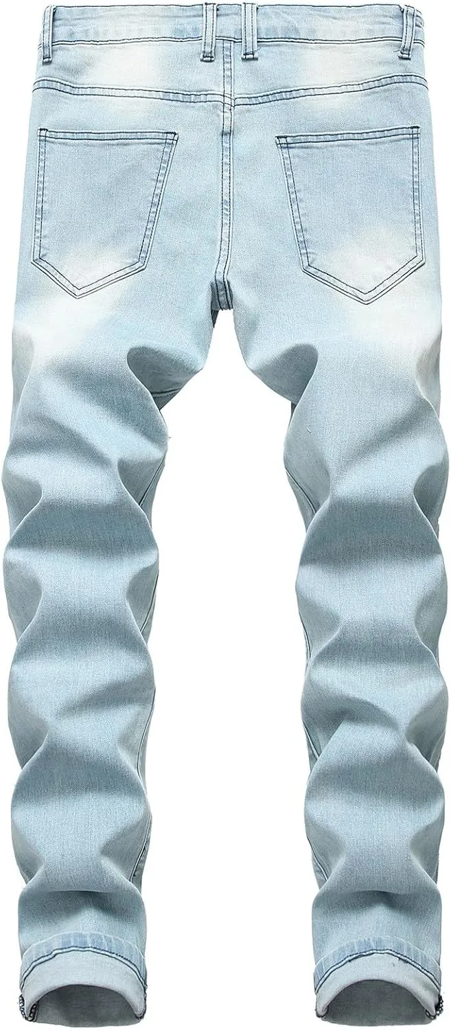 Mens Jeans Solid Regular Fit Mid Rise Straight Leg Elastic Waist Casual Trousers Work Denim Pants