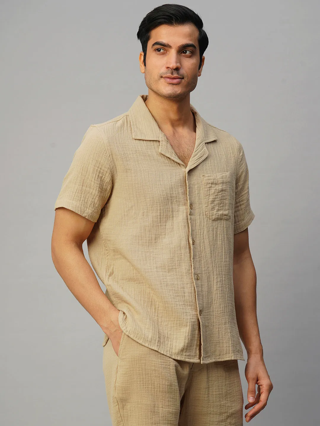 Men's Khaki Cotton Loose Fit Shirt
