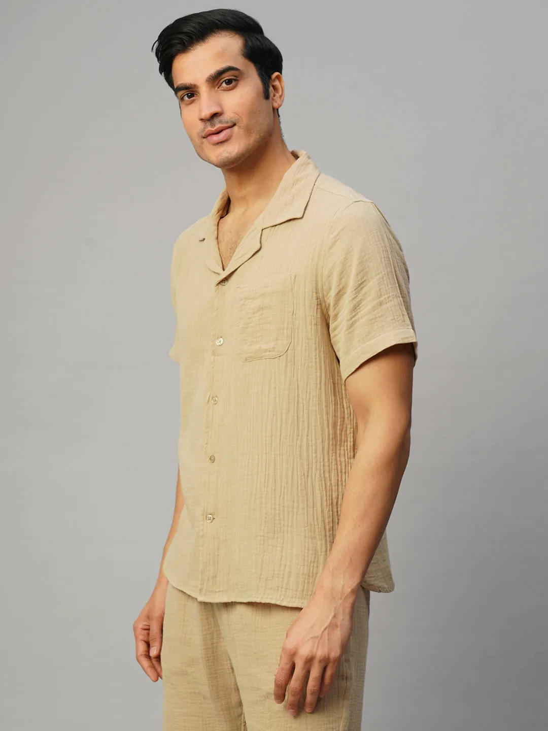 Men's Khaki Cotton Loose Fit Shirt