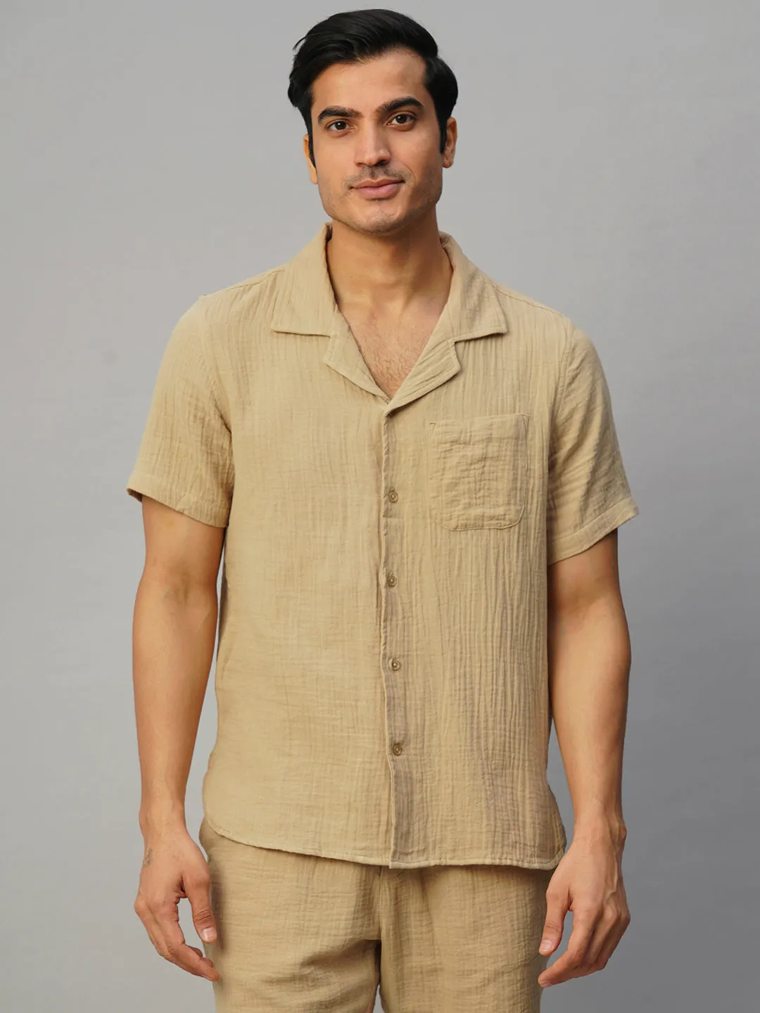 Men's Khaki Cotton Loose Fit Shirt