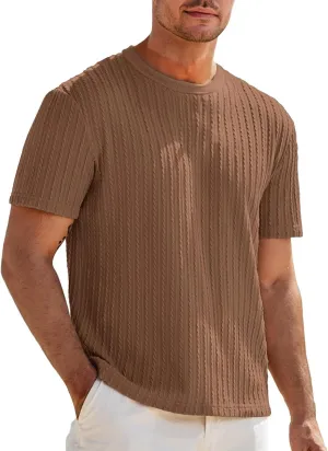 Mens Knit Striped T Shirts Short Sleeve Crewneck Stretch Ribbed Textured Shirts Casual Summer Athletic Solid Tee Tops
