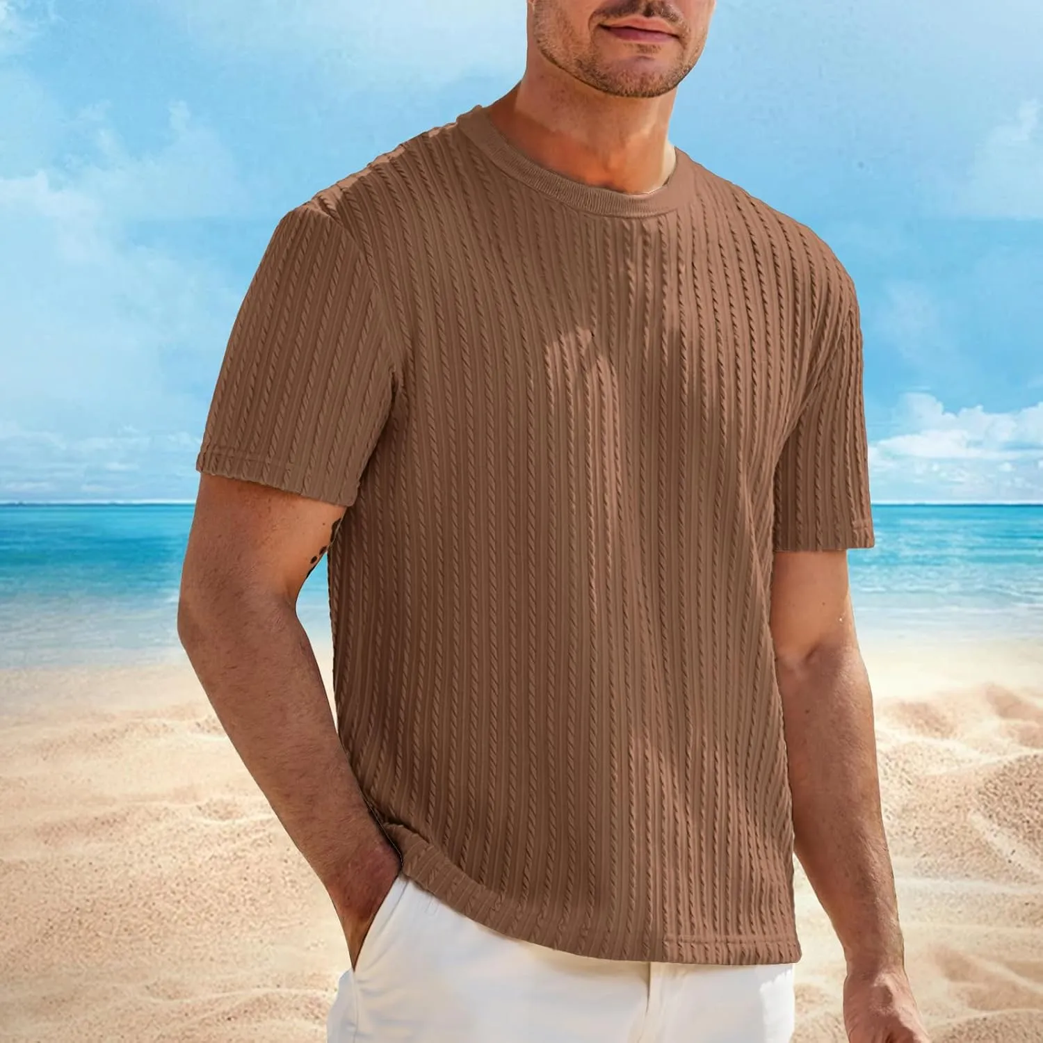 Mens Knit Striped T Shirts Short Sleeve Crewneck Stretch Ribbed Textured Shirts Casual Summer Athletic Solid Tee Tops