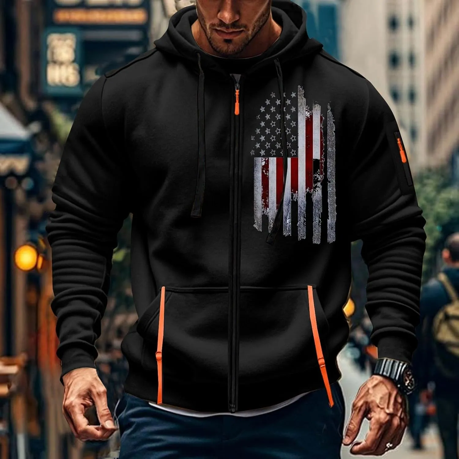 Mens Lightweight Hoodie American Flag Graphic Sweatshirts Full Zip Gym Workout Shirt Long Sleeve Patriotic Tops