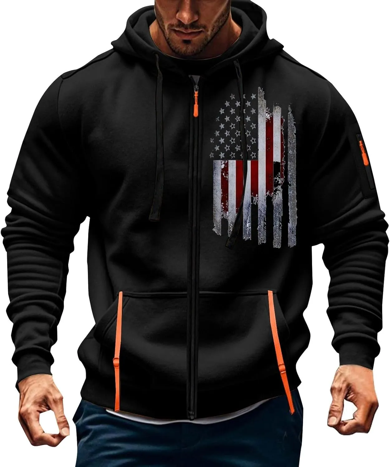 Mens Lightweight Hoodie American Flag Graphic Sweatshirts Full Zip Gym Workout Shirt Long Sleeve Patriotic Tops