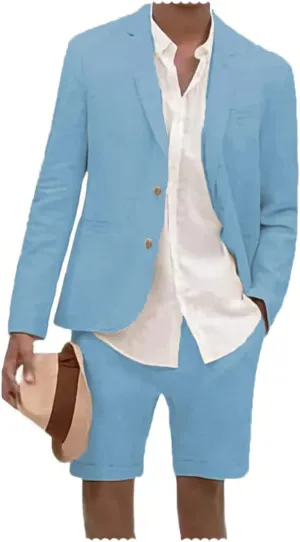 Men's Linen 2 Piece Suits Set Blazer Short Pants Slim Fit Casual Summer Beach Prom Tailored Suit