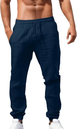 Mens Linen Drawstring Pants Elastic Waist Lightweight Trouser Casual Straight-Leg Yoga Summer Beach Pants