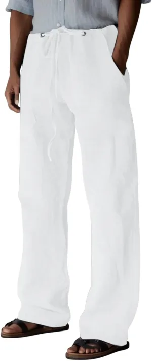 Mens Linen Pants, Mens Linen Pants Yoga Beach Loose Fit Casual Summer Elastic Waist Drawstring Trousers with Pockets