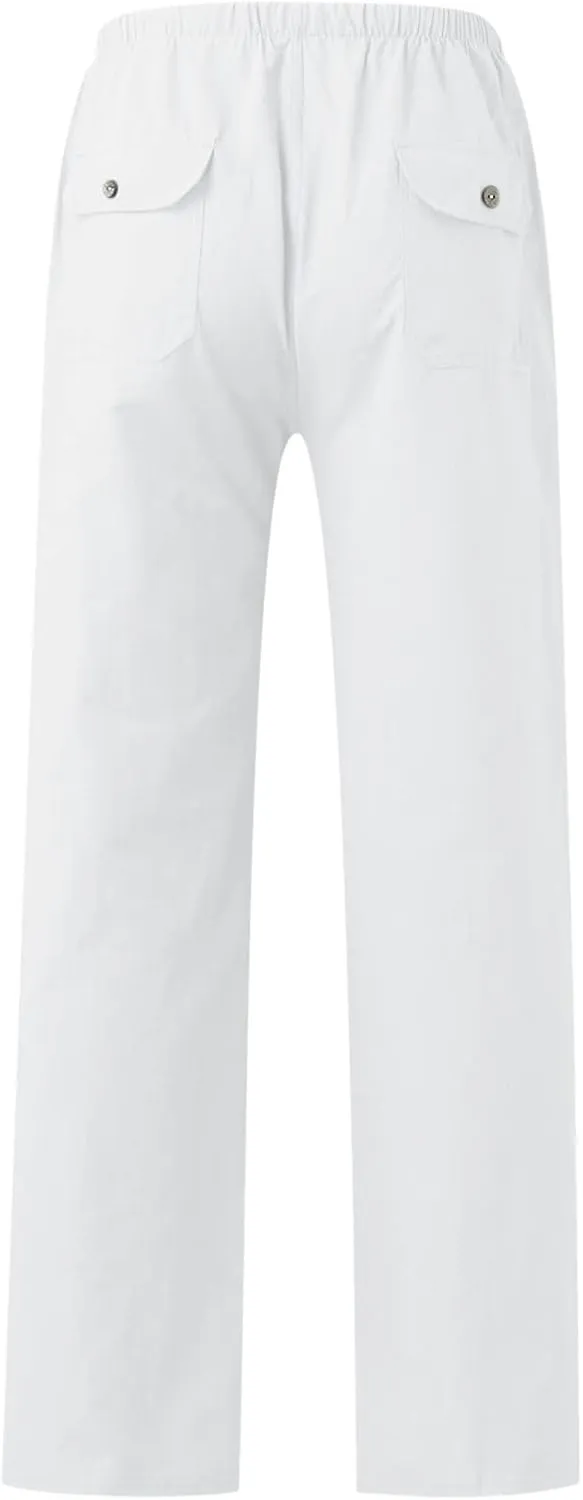 Mens Linen Pants, Mens Linen Pants Yoga Beach Loose Fit Casual Summer Elastic Waist Drawstring Trousers with Pockets