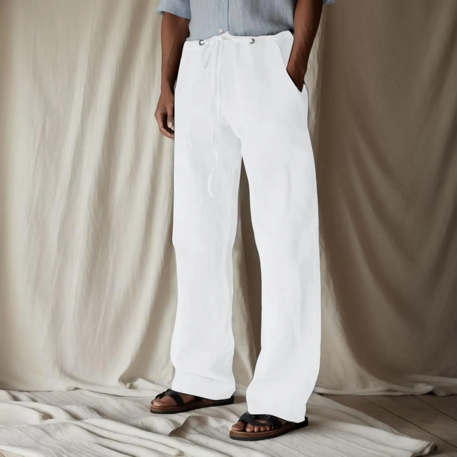 Mens Linen Pants, Mens Linen Pants Yoga Beach Loose Fit Casual Summer Elastic Waist Drawstring Trousers with Pockets
