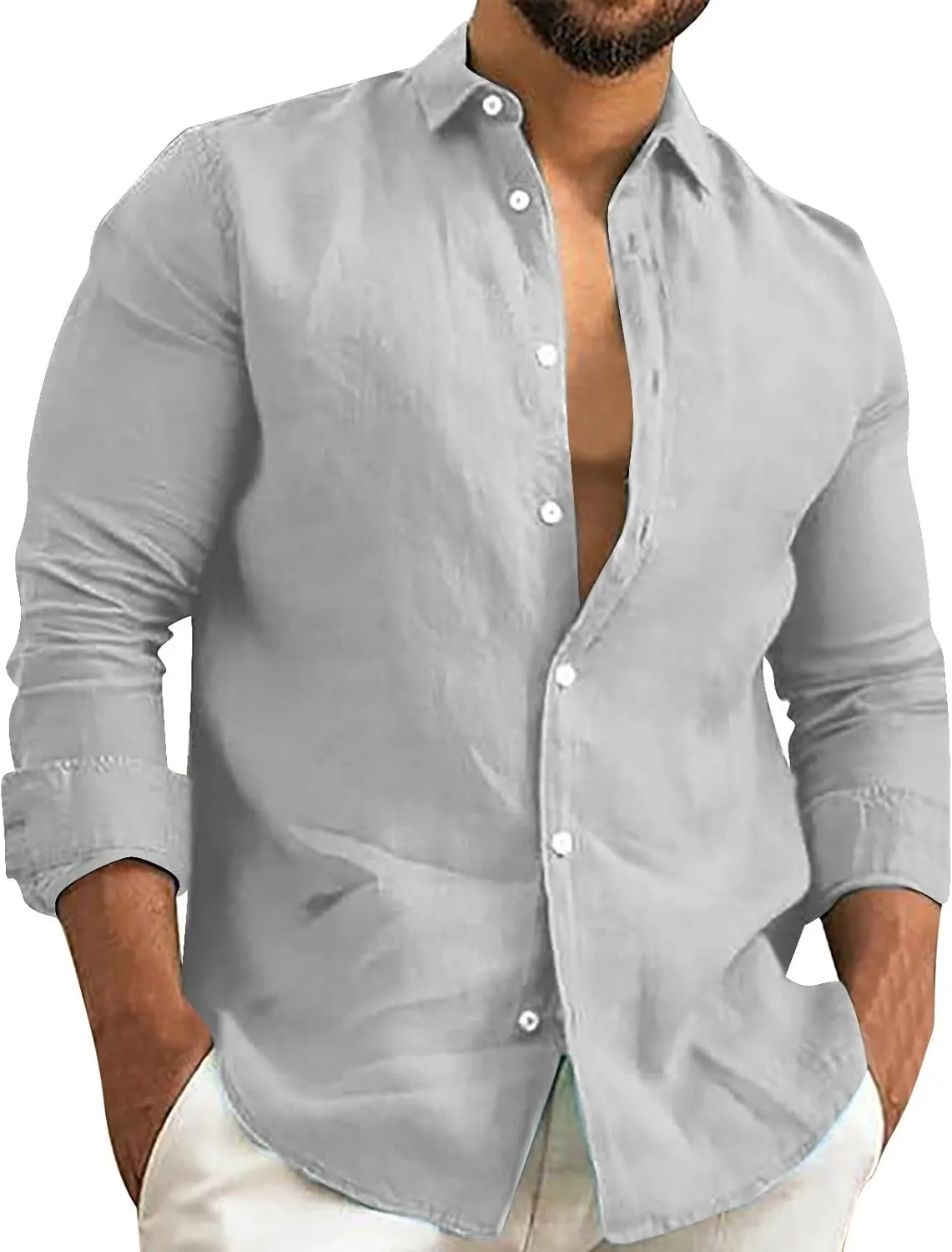Mens Linen Shirt Long Sleeve Casual Lightweight Button Down Shirts Vacation Beach Summer Shirts with Pocket