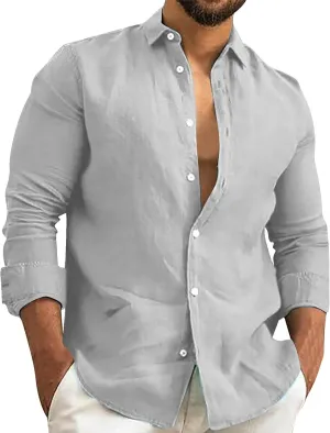 Mens Linen Shirt Long Sleeve Casual Lightweight Button Down Shirts Vacation Beach Summer Shirts with Pocket