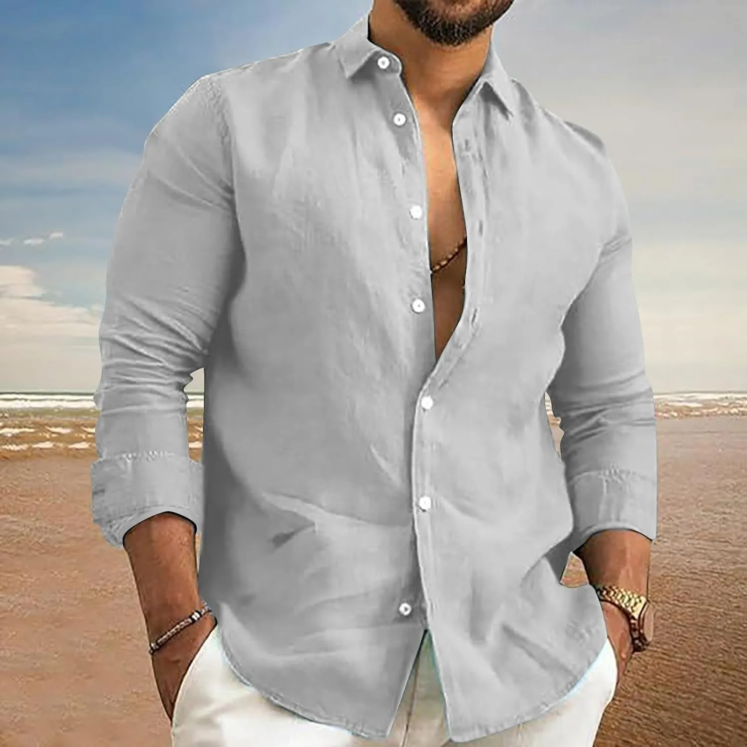 Mens Linen Shirt Long Sleeve Casual Lightweight Button Down Shirts Vacation Beach Summer Shirts with Pocket