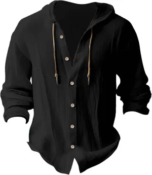 Men's Linen Shirts Hoodie Casual Button Down Shirt Men Long Sleeve Linen Chambray Shirt Mens Beach Shirts