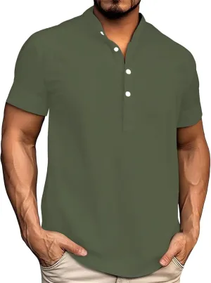 Mens Linen Shirts Solid V Neck Short Sleeve Button up Fitness Basic T-Shirts Casual Summer Beach Vacation Travel Tops