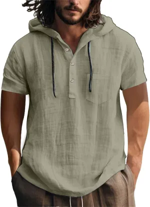 Mens Linen Shirts with Hooded Short Sleeve Cotton Hoodies T-Shirts Casual Summer Beach Yoga Plain Party Wedding Tops