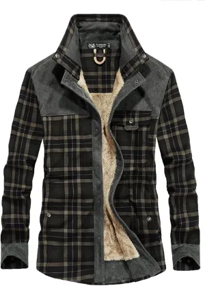 Mens Long Sleeve Berber Fleece Lined Button Down Camp Flannel Shirts Brushed Cotton Thermal Sherpa Plaid Jackets