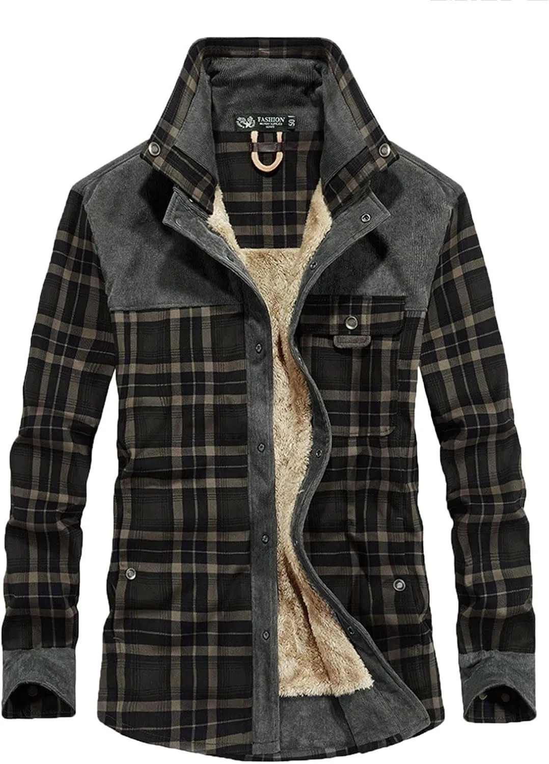 Mens Long Sleeve Berber Fleece Lined Button Down Camp Flannel Shirts Brushed Cotton Thermal Sherpa Plaid Jackets