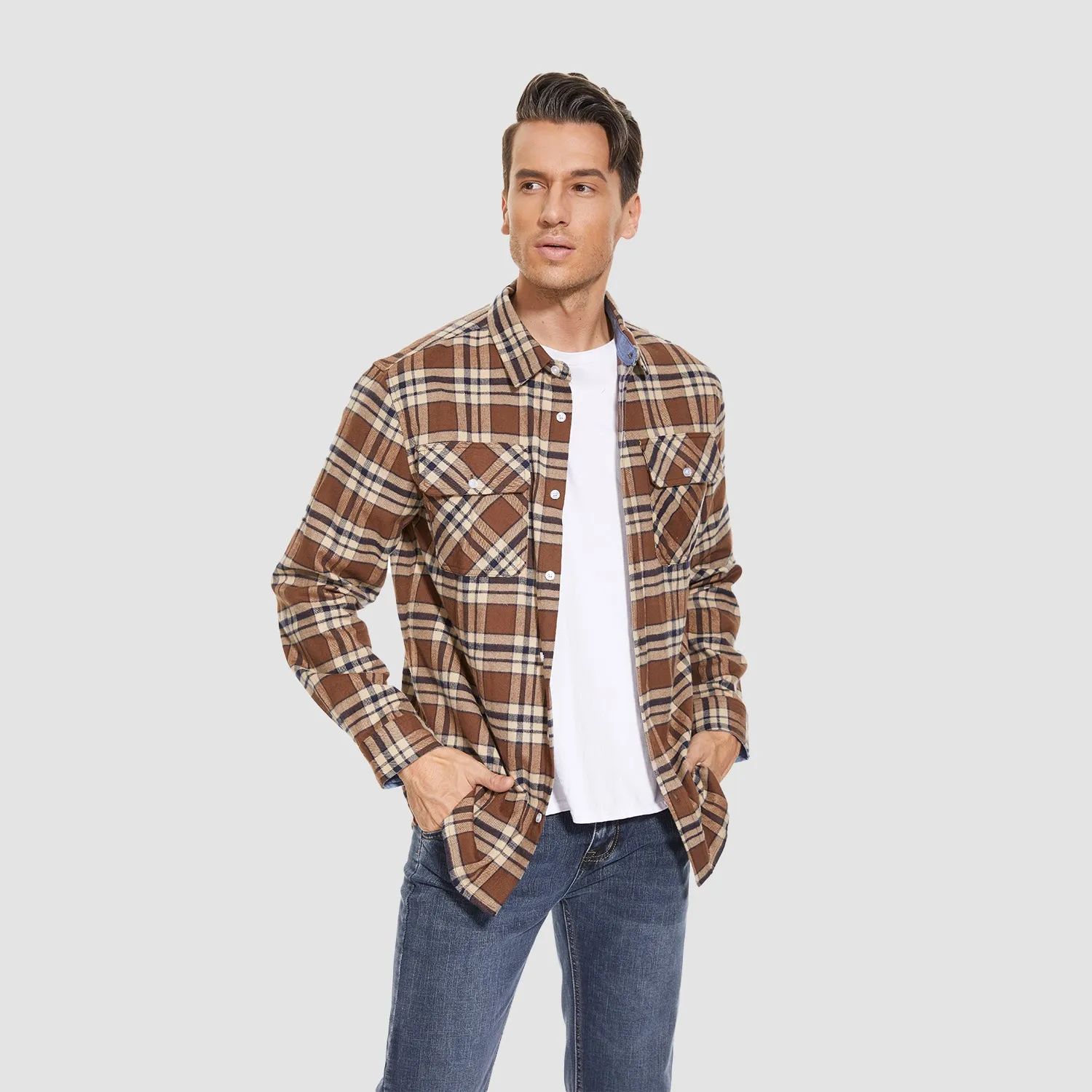 Men's Long Sleeve Cotton Flannel Shirt - Casual Plaid Button-Up