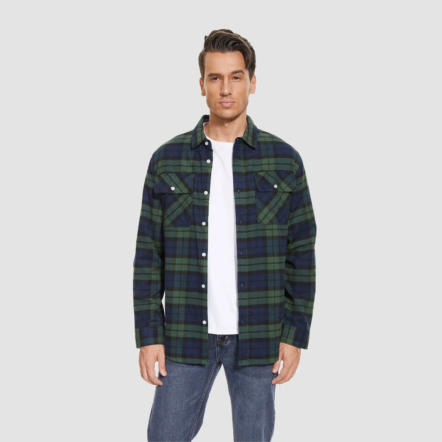 Men's Long Sleeve Cotton Flannel Shirt - Casual Plaid Button-Up