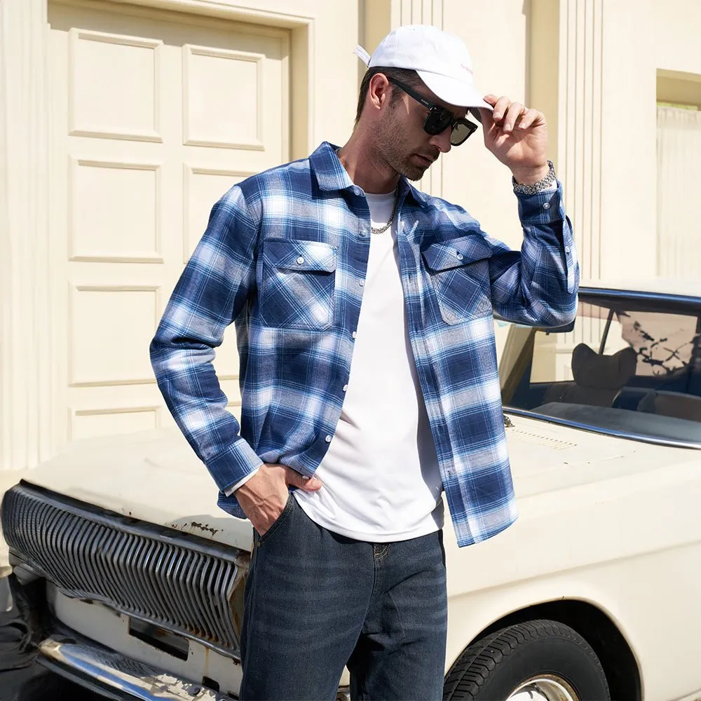 Men's Long Sleeve Cotton Flannel Shirt - Casual Plaid Button-Up
