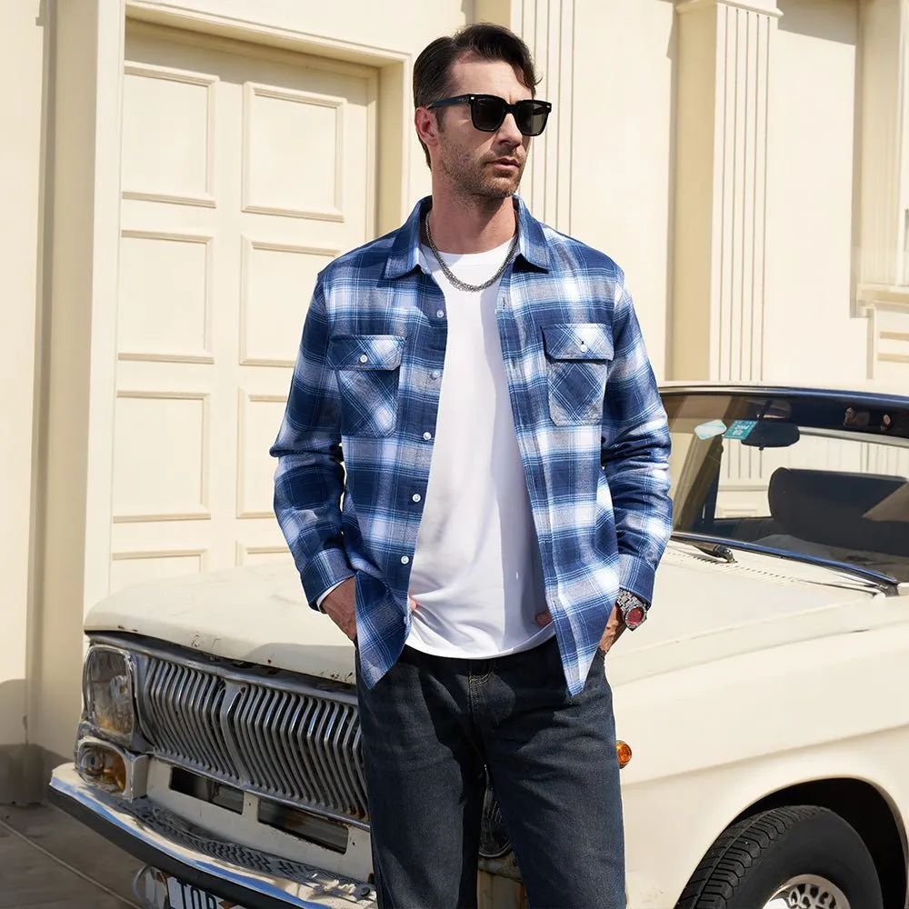 Men's Long Sleeve Cotton Flannel Shirt - Casual Plaid Button-Up