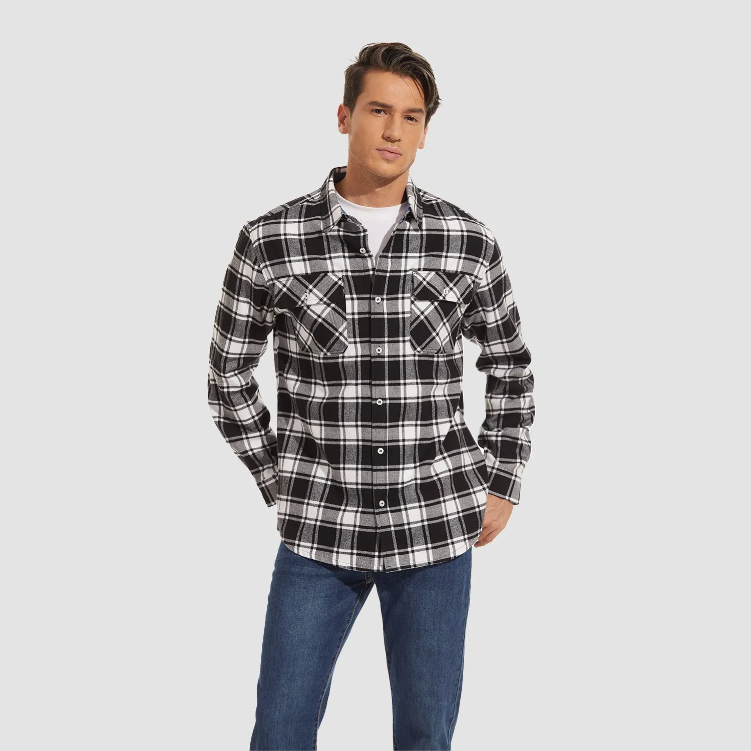Men's Long Sleeve Cotton Flannel Shirt - Casual Plaid Button-Up