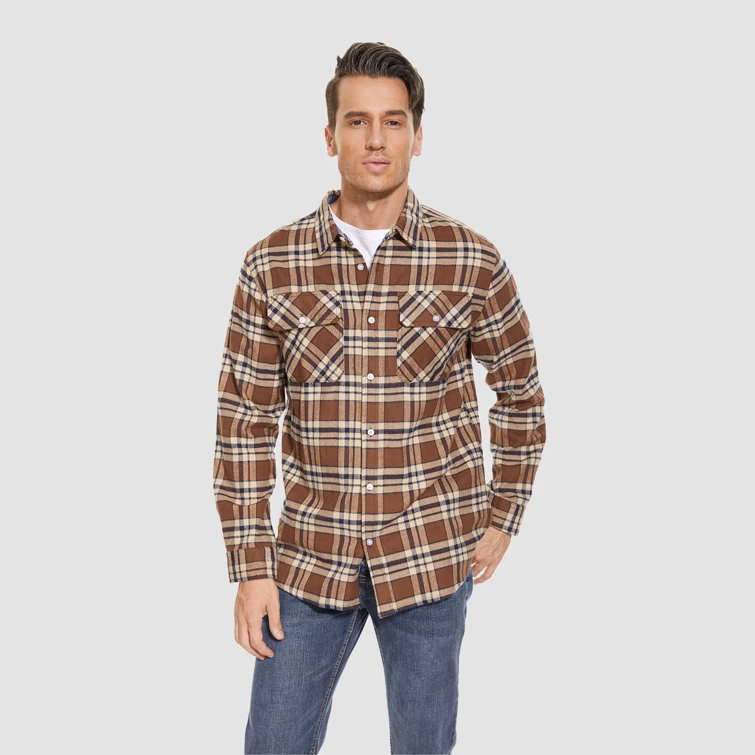 Men's Long Sleeve Cotton Flannel Shirt - Casual Plaid Button-Up