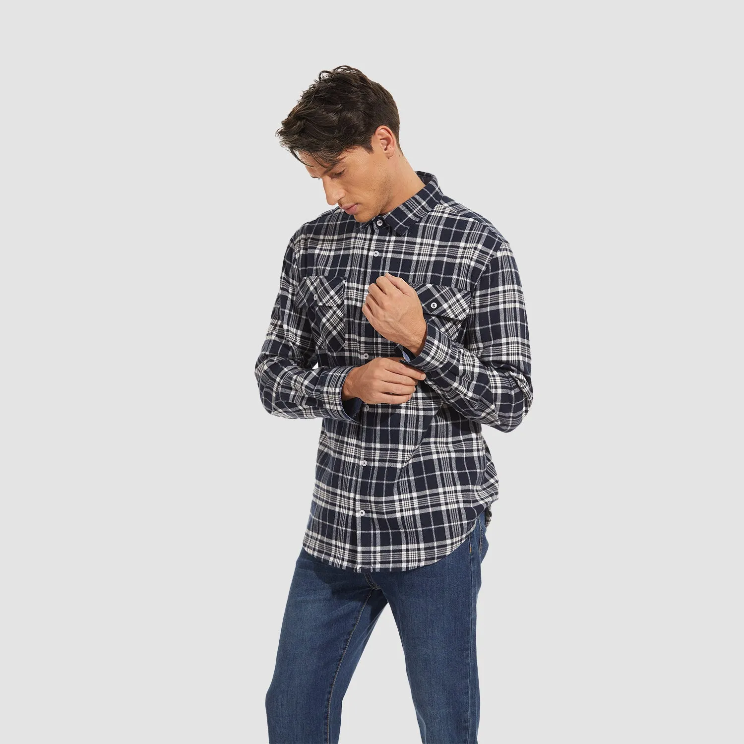 Men's Long Sleeve Cotton Flannel Shirt - Casual Plaid Button-Up