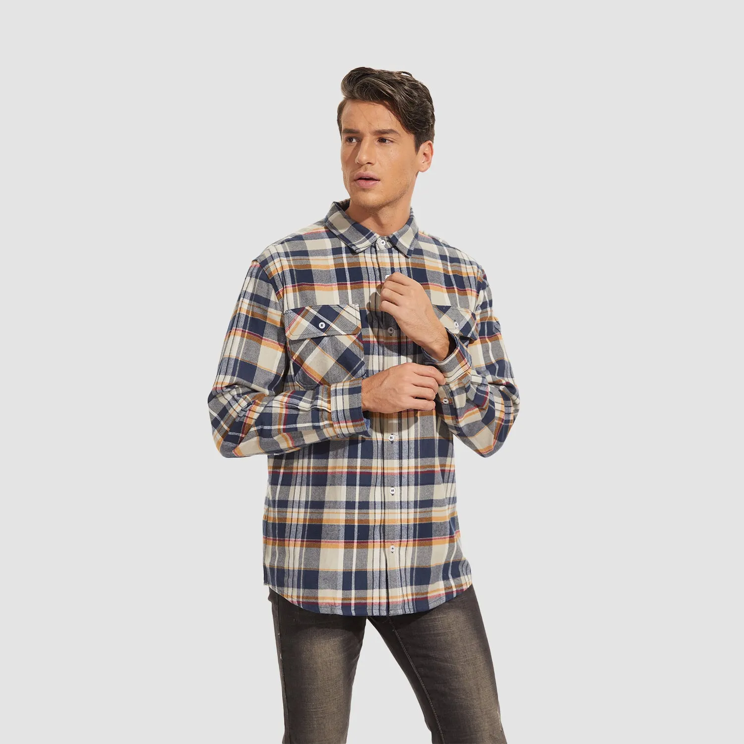Men's Long Sleeve Cotton Flannel Shirt - Casual Plaid Button-Up