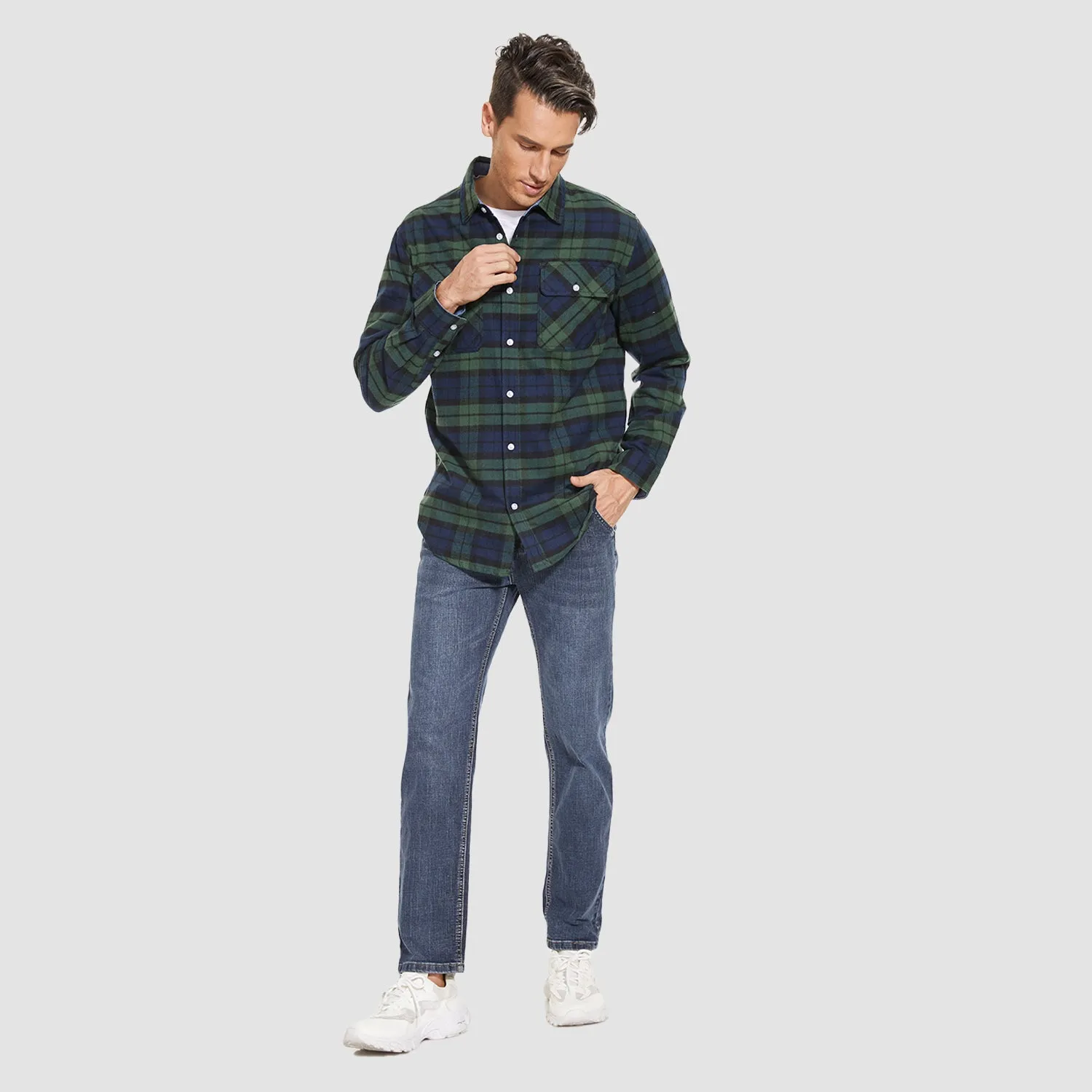 Men's Long Sleeve Cotton Flannel Shirt - Casual Plaid Button-Up