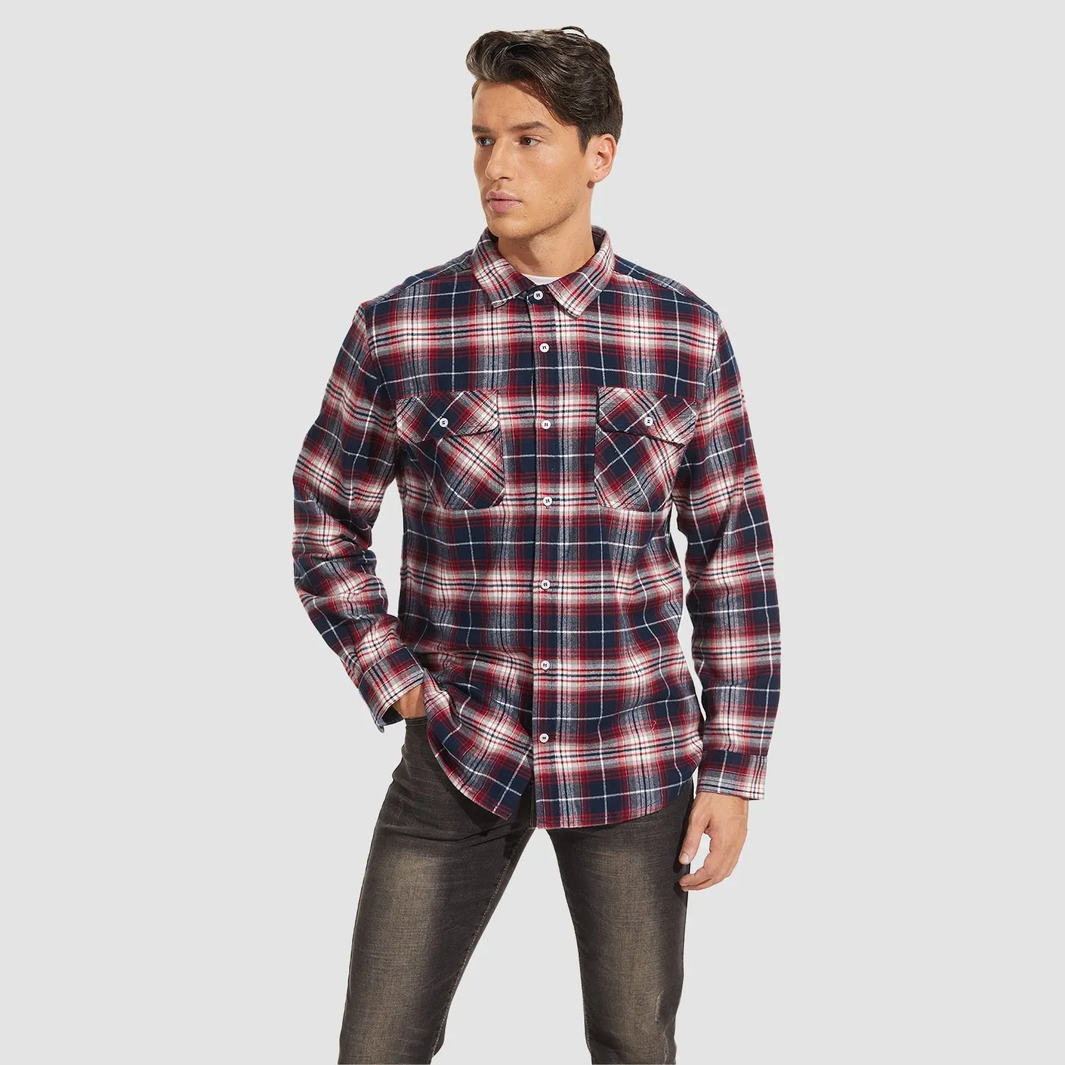 Men's Long Sleeve Cotton Flannel Shirt - Casual Plaid Button-Up