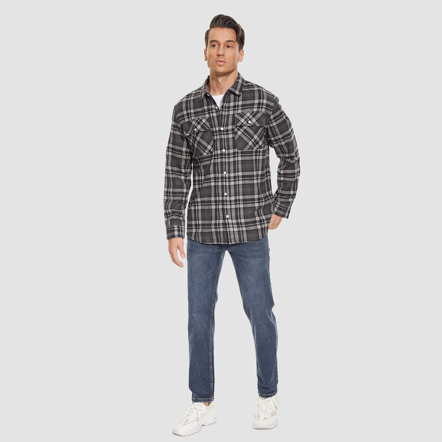 Men's Long Sleeve Cotton Flannel Shirt - Casual Plaid Button-Up