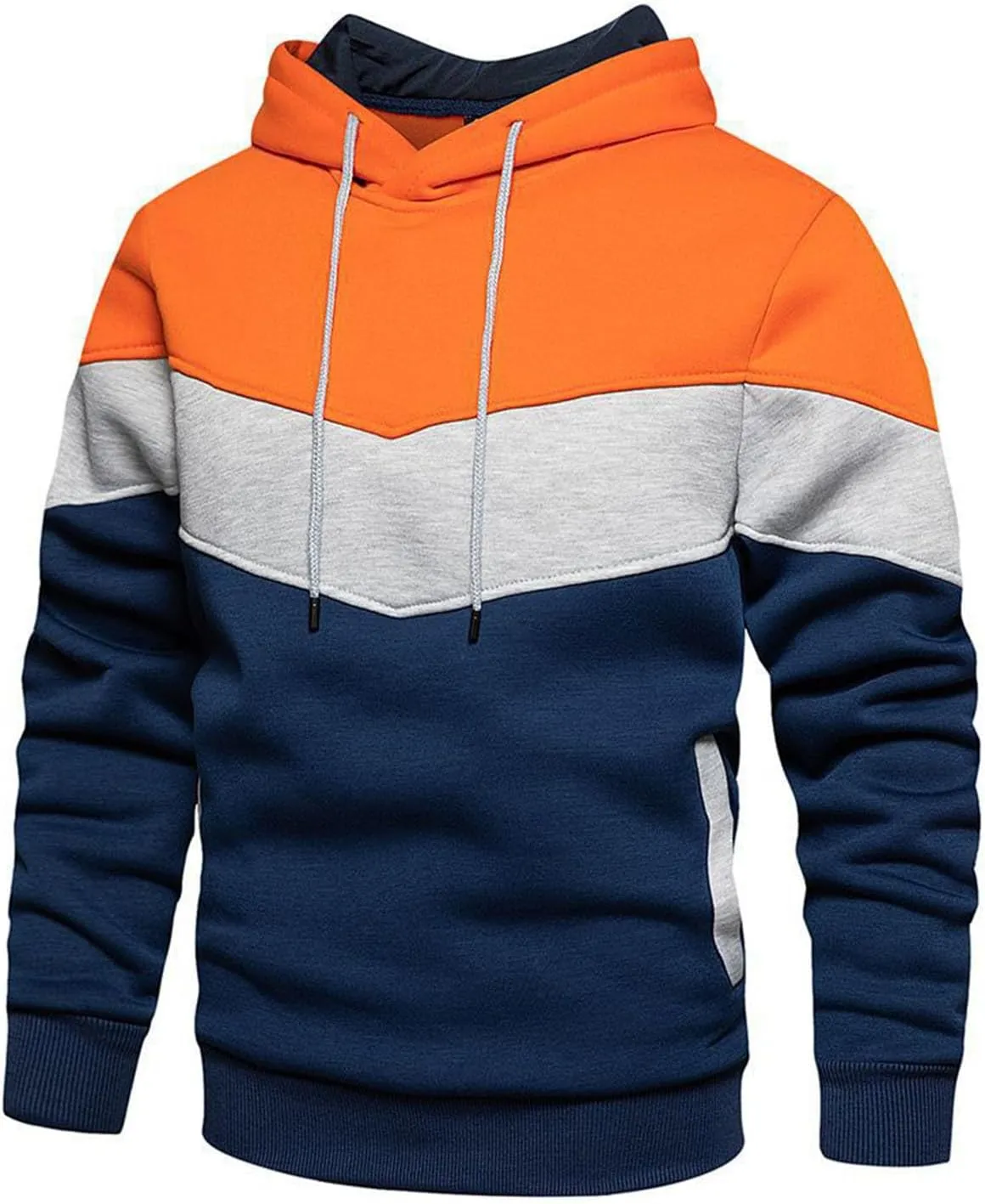 Men's Novelty Color Block Pullover Fleece Hoodie Long Sleeve Casual Lightweight Sweatshirt with Kangaroo Pocket