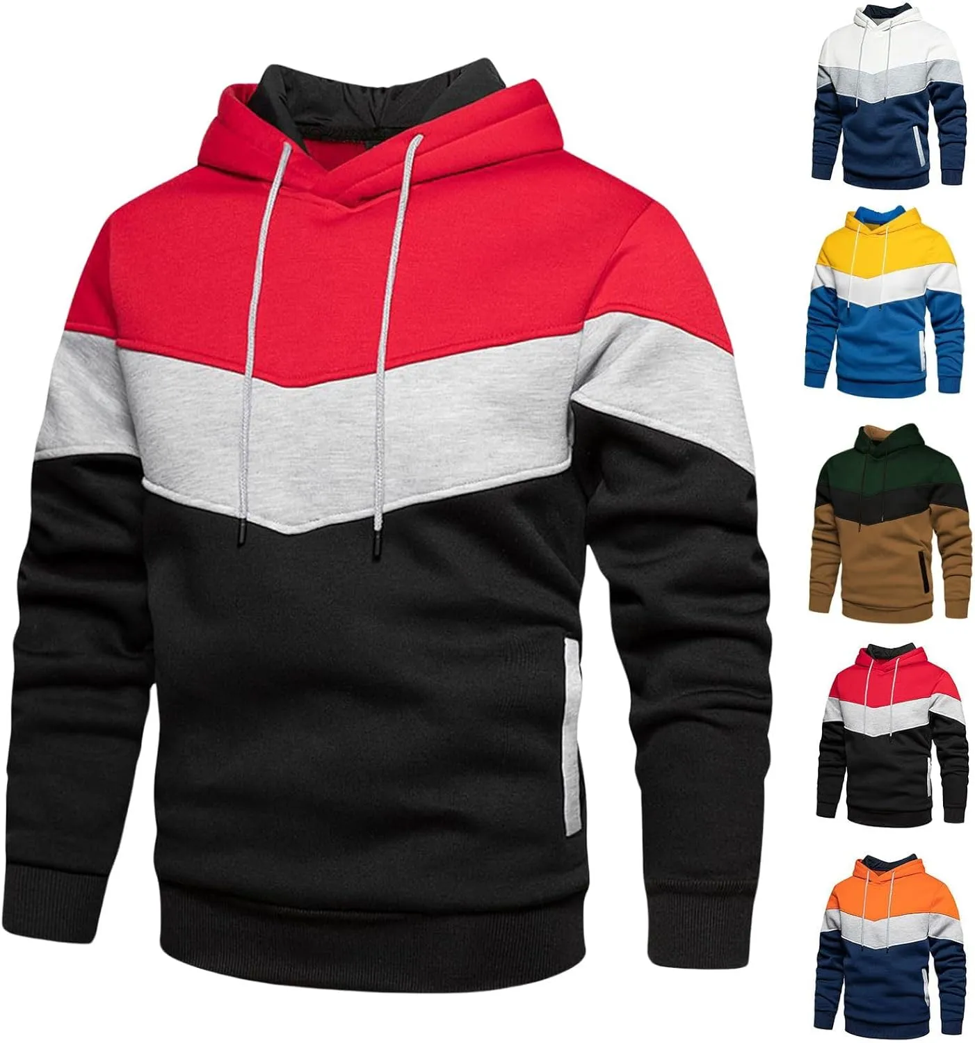 Men's Novelty Color Block Pullover Fleece Hoodie Long Sleeve Casual Lightweight Sweatshirt with Kangaroo Pocket