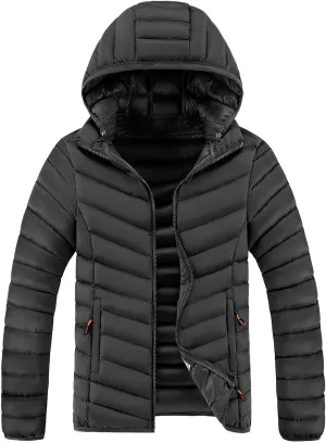 Mens Quilted Puffer Jacket with Removable Hood Zip Up Padded Insulated Down Jacket Puffer Coats Winter Jackets Outerwear
