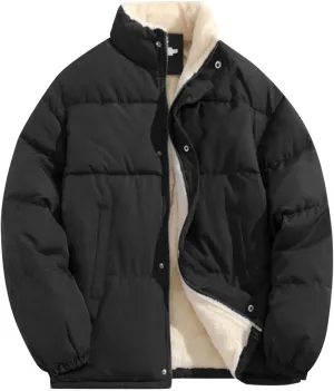 Mens Sherpa Puffer Jacket Button Up Zipper Quilted Down Jacket Padded Insulated Puffer Coats Winter Jackets Outerwear