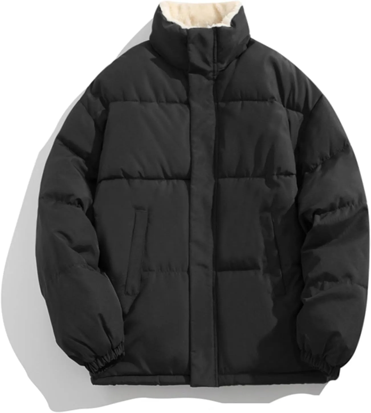 Mens Sherpa Puffer Jacket Button Up Zipper Quilted Down Jacket Padded Insulated Puffer Coats Winter Jackets Outerwear