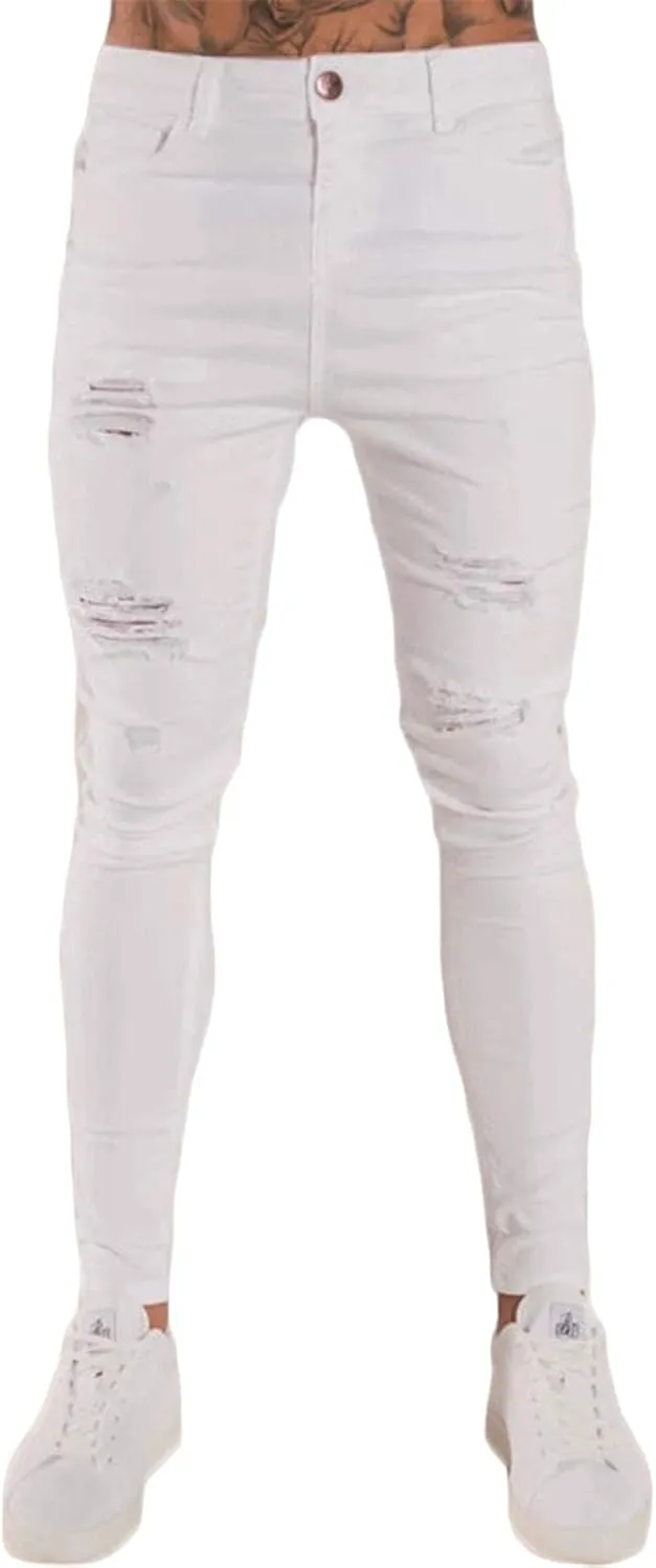 Men's Skinny Stretch Tapered Leg Jeans Slim Fit Distressed Denim Pants