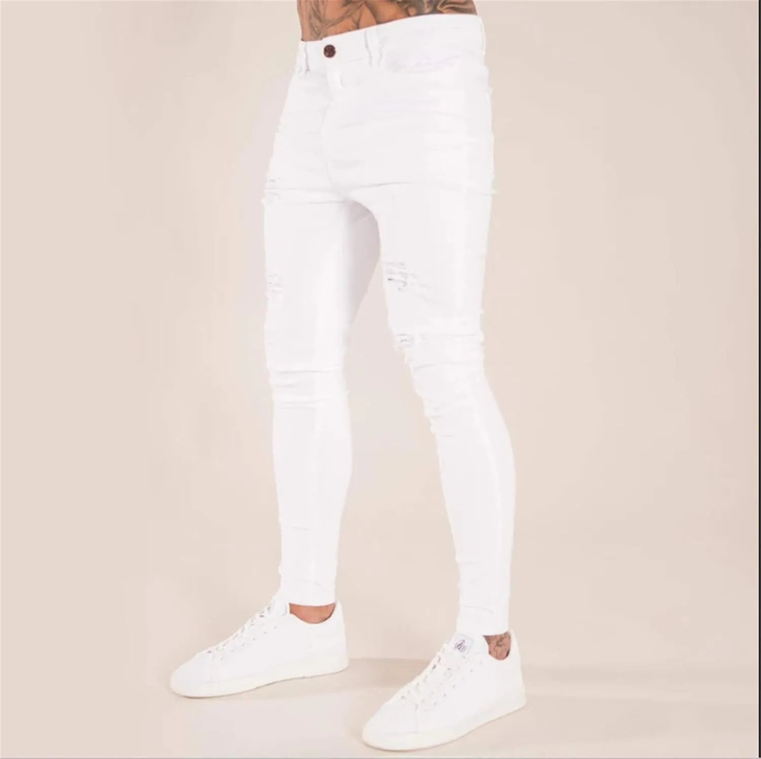 Men's Skinny Stretch Tapered Leg Jeans Slim Fit Distressed Denim Pants