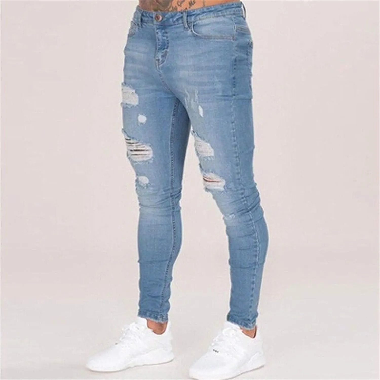 Men's Skinny Stretch Tapered Leg Jeans Slim Fit Distressed Denim Pants