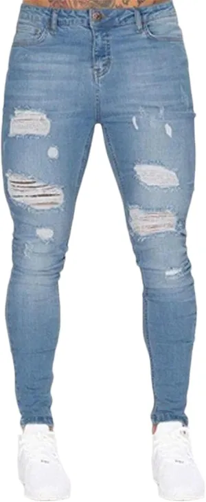 Men's Skinny Stretch Tapered Leg Jeans Slim Fit Distressed Denim Pants