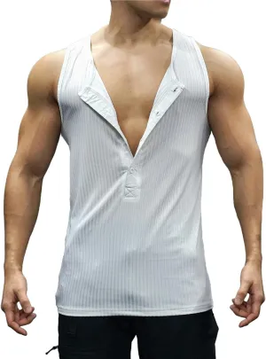Men's Striped Knit Tank Top Sleeveless Gym Workout Casual Slim Fit Outfit Half Button Quick Dry Training Beach Summer Wear