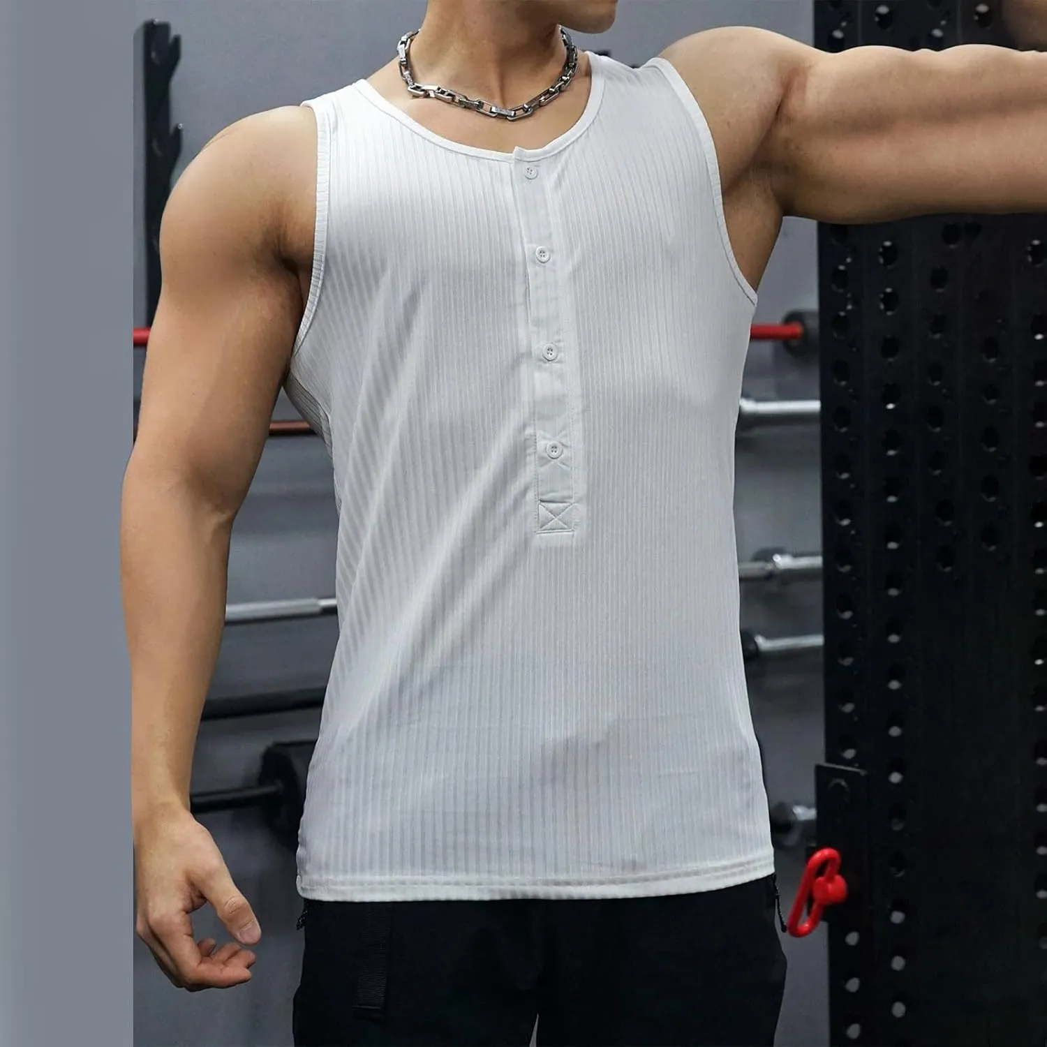 Men's Striped Knit Tank Top Sleeveless Gym Workout Casual Slim Fit Outfit Half Button Quick Dry Training Beach Summer Wear