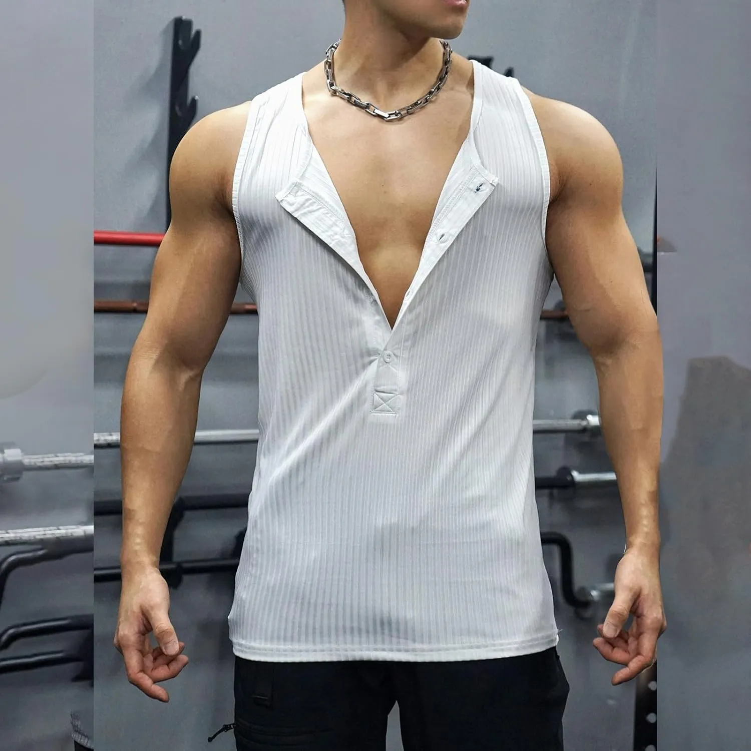 Men's Striped Knit Tank Top Sleeveless Gym Workout Casual Slim Fit Outfit Half Button Quick Dry Training Beach Summer Wear