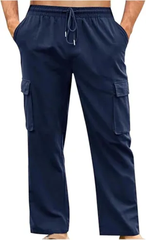 Men's Summer Cotton Linen Pants Casual Loose Straight Leg Pants Baggy Trendy Lightweight Beach Long Pants with Pockets